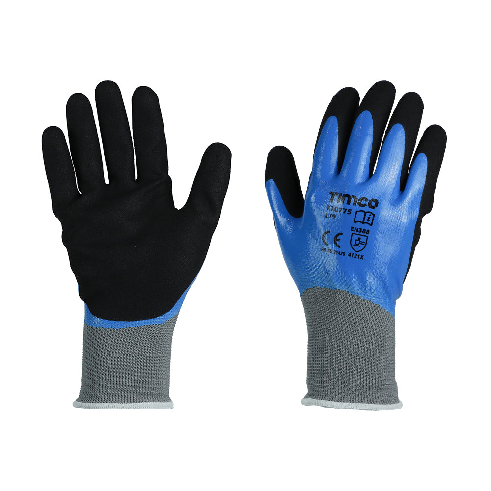 Large.Waterproof Grip Gloves - Sandy Nitrile Foam Coated Polyester