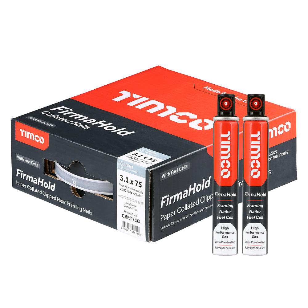 3.1 x 75/2CFC FirmaHold Collated Clipped Head Nails & Fuel Cells - Trade Pack - Ring Shank - FirmaGalv